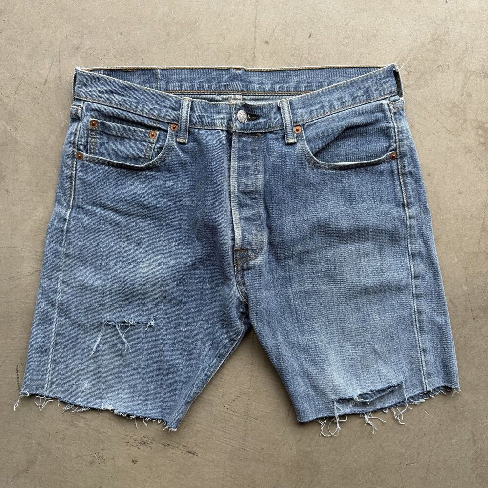 Levis 501 XX Mens 34 Cut Off Denim Shorts Medium Wash Button Fly Raw Hem Jeans